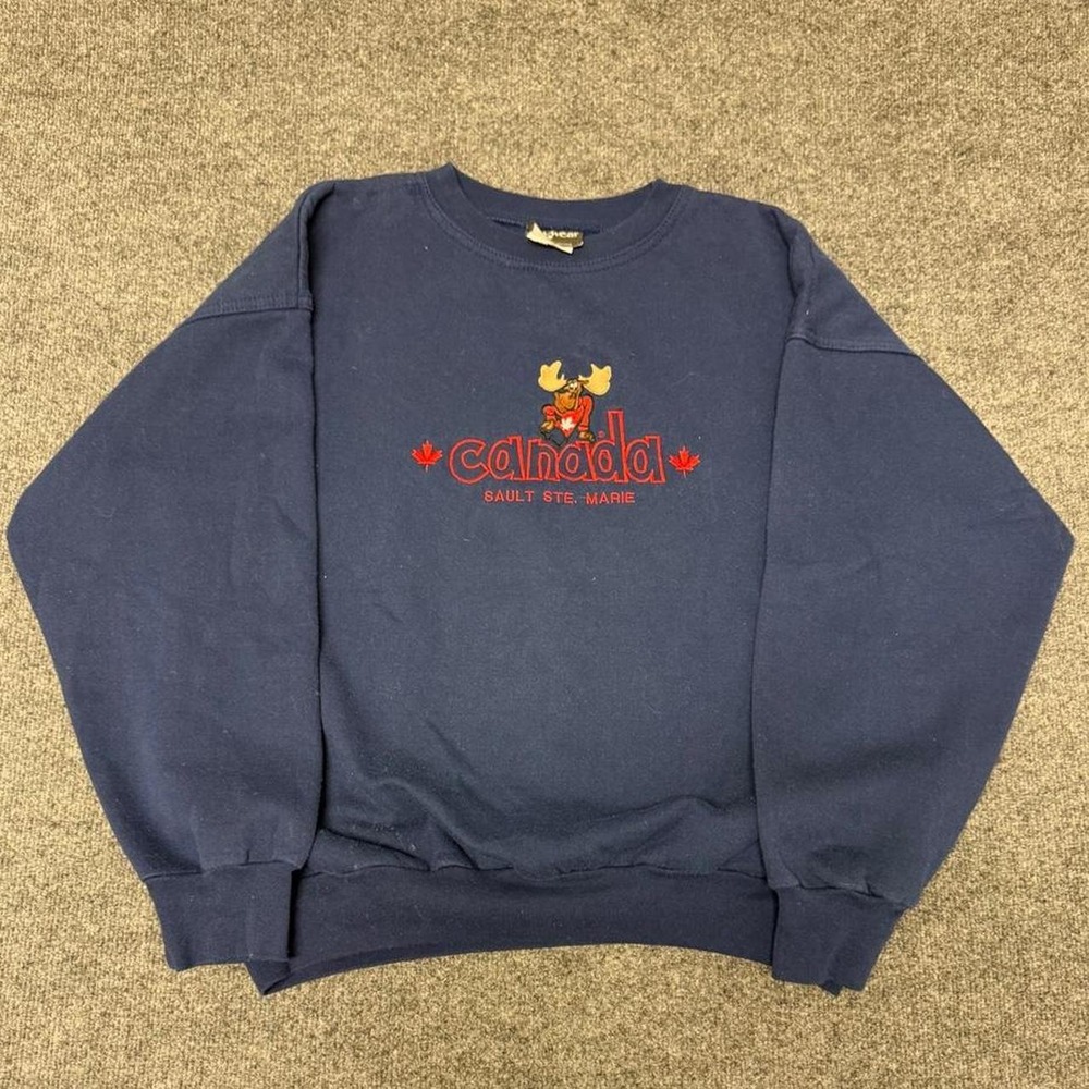 Vintage 90s Anywear Canada Moose Sweatshirt Navy Blue Sault Ste Marie Mens L